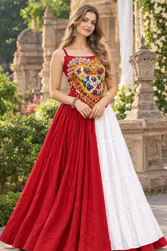 Red&White Cotton Readymade Navratri Lehenga Choli with Mirror & Gamthi Work