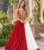 Red&White Cotton Readymade Navratri Lehenga Choli with Mirror & Gamthi Work