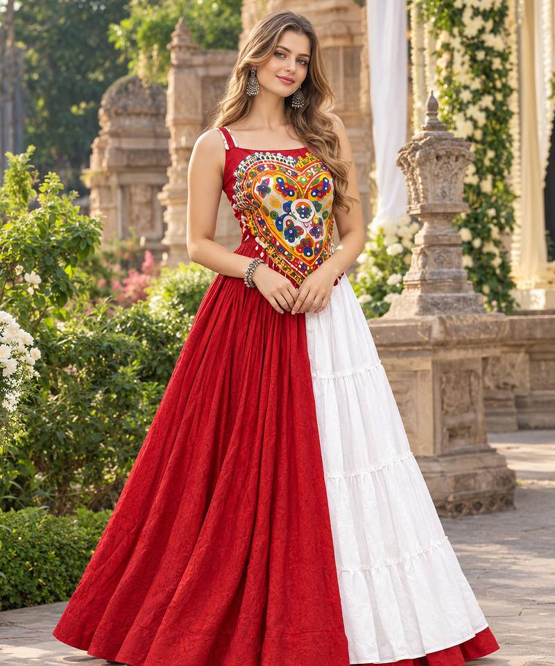 Red&White Cotton Readymade Navratri Lehenga Choli with Mirror & Gamthi Work