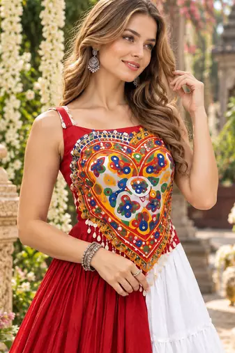 Red&White Cotton Readymade Navratri Lehenga Choli with Mirror & Gamthi Work