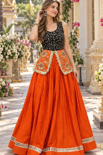 Orange&Black Cotton Readymade Navratri Lehenga Choli with Embroidery & Sequin Work