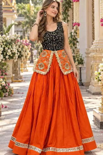 Orange&Black Cotton Readymade Navratri Lehenga Choli with Embroidery & Sequence Work