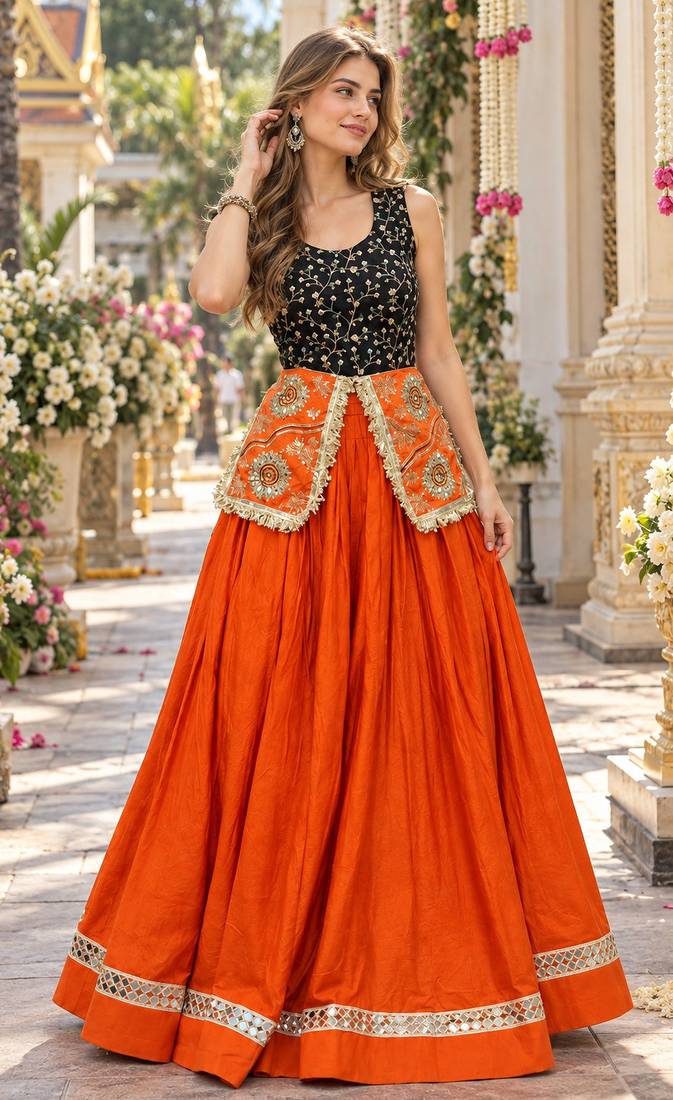 Orange&Black Cotton Readymade Navratri Lehenga Choli with Embroidery & Sequence Work