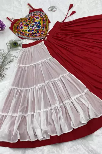 Red&White Cotton Readymade Navratri Lehenga Choli with Mirror & Gamthi Work