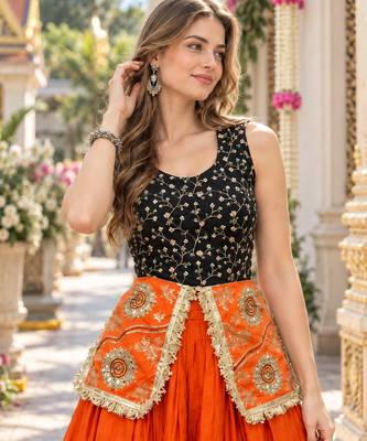 Orange&Black Cotton Readymade Navratri Lehenga Choli with Embroidery & Sequence Work 2