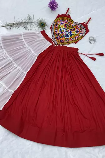 Red&White Cotton Readymade Navratri Lehenga Choli with Mirror & Gamthi Work