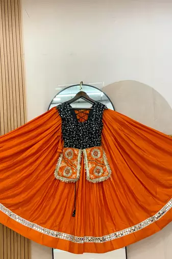 Orange&Black Cotton Readymade Navratri Lehenga Choli with Embroidery & Sequence Work