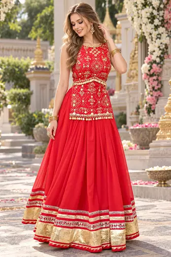 Orange Georgette Readymade Navratri Lehenga Choli with Mirror & Sequence Work