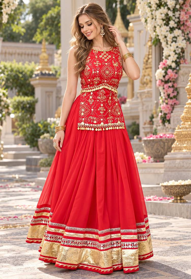 Orange Georgette Readymade Navratri Lehenga Choli with Mirror & Sequence Work