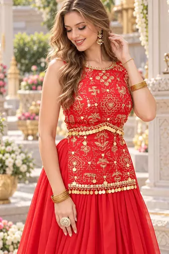 Orange Georgette Readymade Navratri Lehenga Choli with Mirror & Sequence Work
