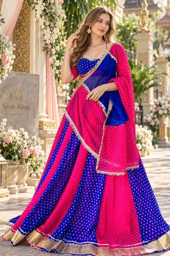 Blue&Rani Grorgette Readymade Printed Navratri Lehenga Choli with Bandhej work