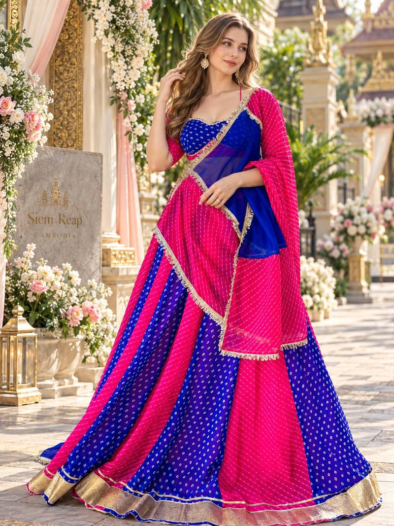 Blue&Rani Grorgette Readymade Printed Navratri Lehenga Choli with Bandhej work
