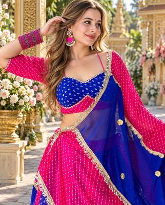 Blue&Rani Grorgette Readymade Printed Navratri Lehenga Choli with Bandhej work 2