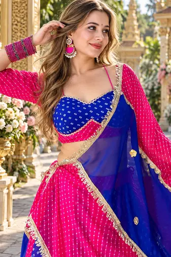Blue&Rani Grorgette Readymade Printed Navratri Lehenga Choli with Bandhej work
