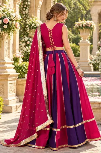 Magenta&Purple Cotton Readymade Navratri Lehenga Choli with Sequence Work