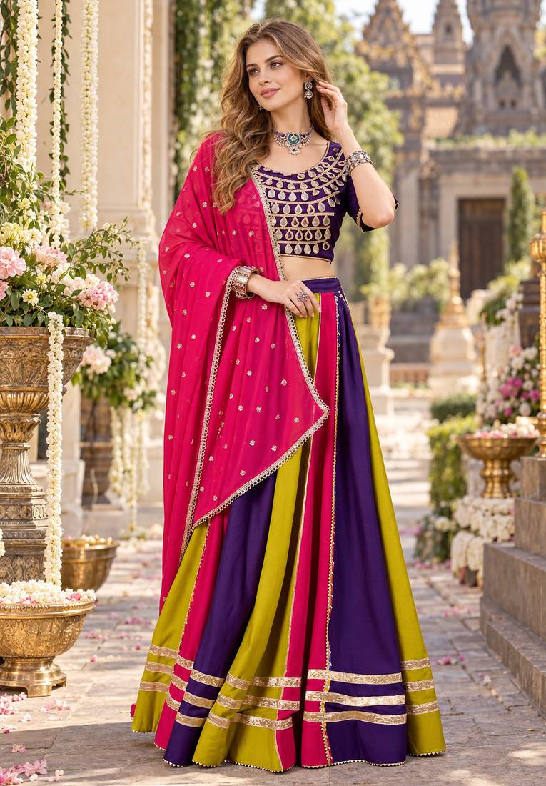 Multi Cotton Readymade Navratri Lehenga Choli with Sequence & Mirror Work
