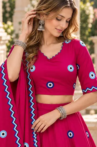 Rani Cotton Readymade Navratri Lehenga Choli with Thread Work
