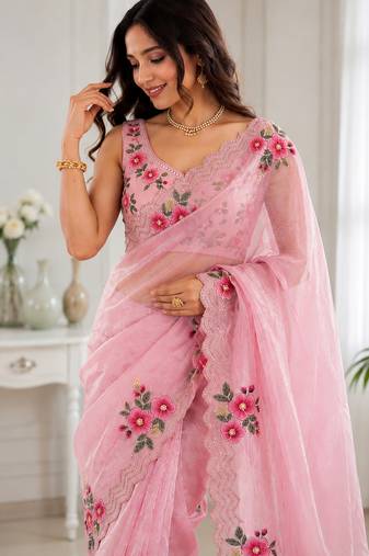 Women fandy satin floral diamond jarkan work designer saree