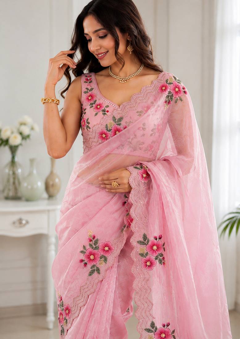 Women fandy satin floral diamond jarkan work designer saree