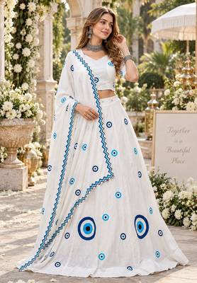 White Cotton Readymade Navratri Lehenga Choli with Thread Work 1