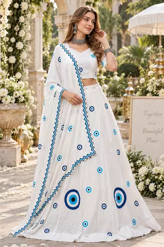 White Cotton Readymade Navratri Lehenga Choli with Thread Work