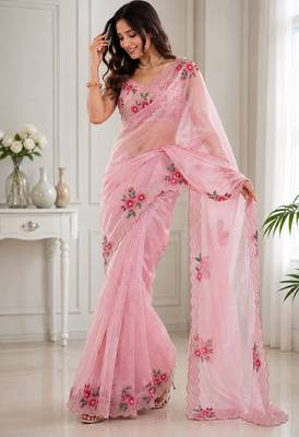 Women fandy satin floral diamond jarkan work designer saree 2