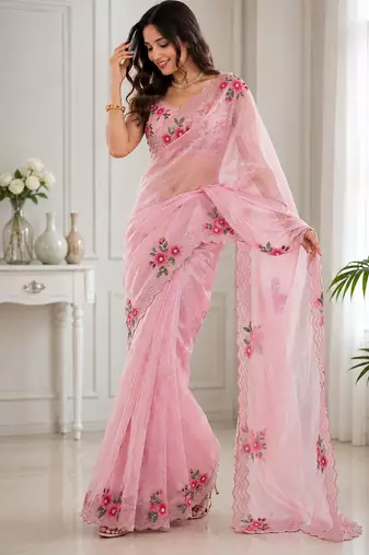 Women fandy satin floral diamond jarkan work designer saree