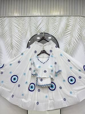 White Cotton Readymade Navratri Lehenga Choli with Thread Work 3
