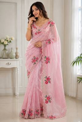 Women fandy satin floral diamond jarkan work designer saree 3