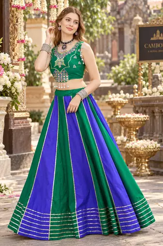 Emerald&Blue Cotton Readymade Navratri Lehenga Choli with Embroidery & Sequence Work