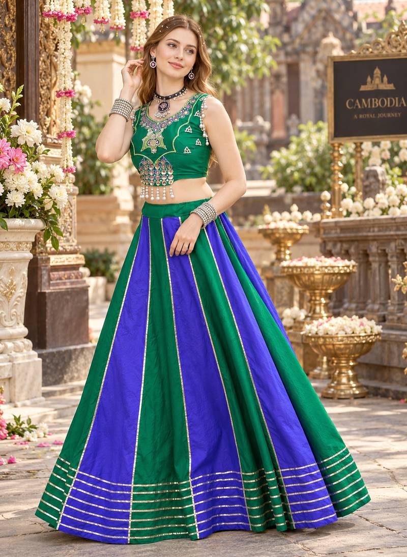 Emerald&Blue Cotton Readymade Navratri Lehenga Choli with Embroidery & Sequence Work