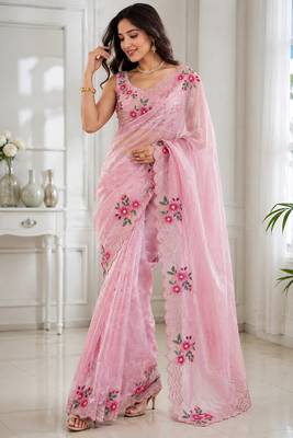 Women fandy satin floral diamond jarkan work designer saree 4