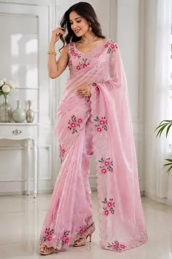Women fandy satin floral diamond jarkan work designer saree