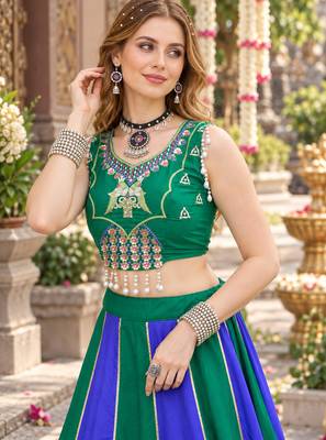 Emerald&Blue Cotton Readymade Navratri Lehenga Choli with Embroidery & Sequence Work 2
