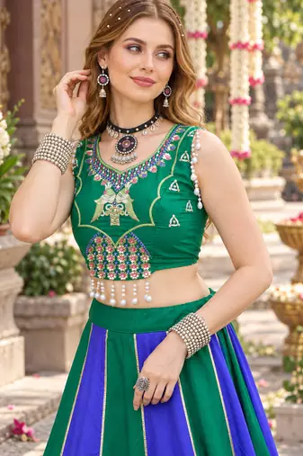 Emerald&Blue Cotton Readymade Navratri Lehenga Choli with Embroidery & Sequence Work