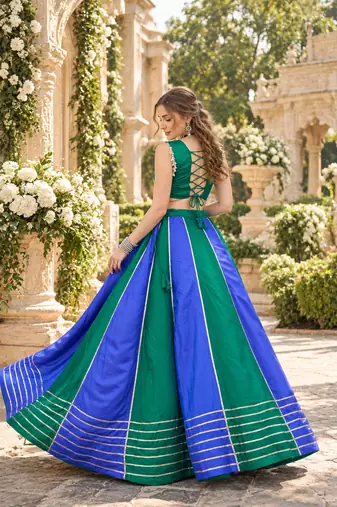 Emerald&Blue Cotton Readymade Navratri Lehenga Choli with Embroidery & Sequence Work