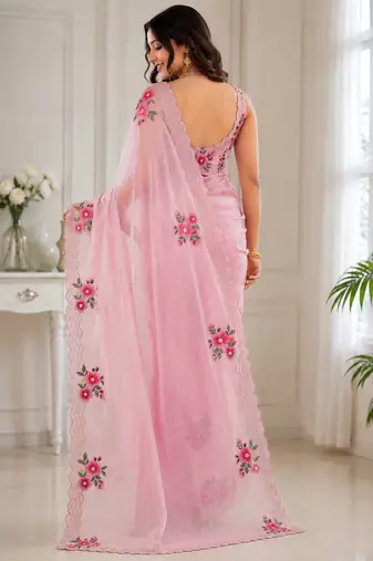 Women fandy satin floral diamond jarkan work designer saree