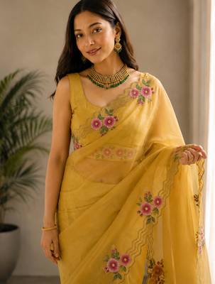 Women fandy satin floral embroidered diamond jarkan work saree 1