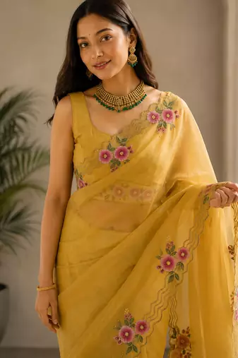 Women fandy satin floral embroidered diamond jarkan work saree