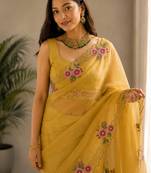 Women fandy satin floral embroidered diamond jarkan work saree