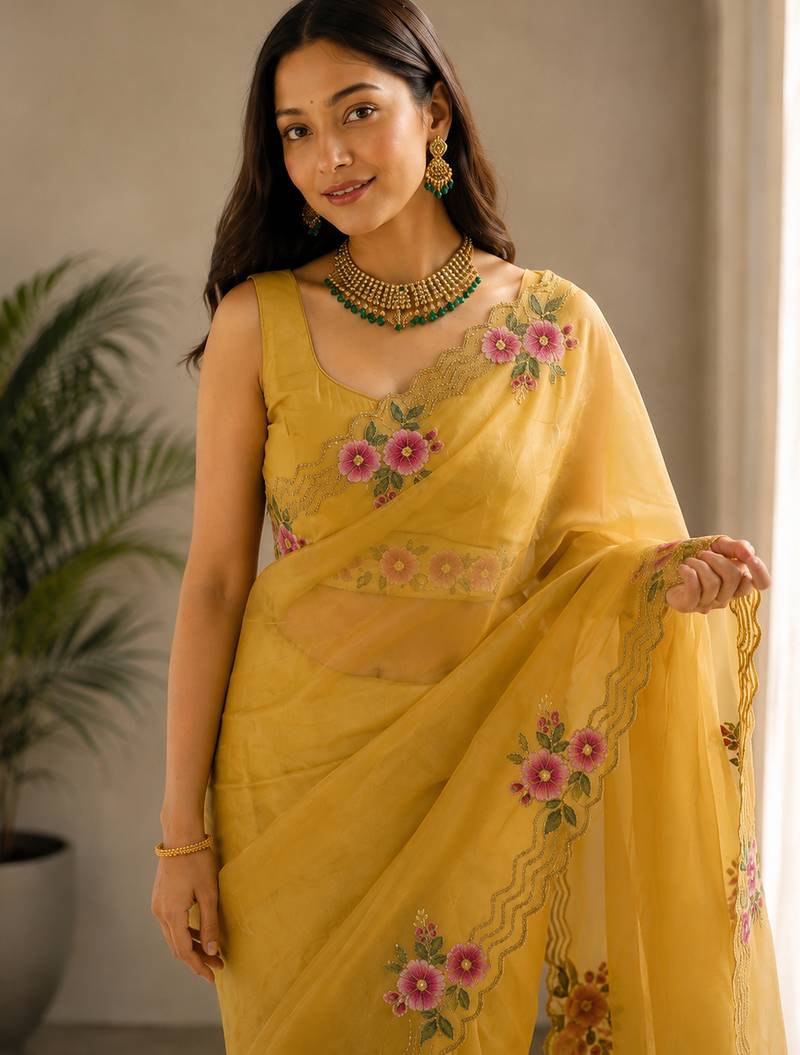 Women fandy satin floral embroidered diamond jarkan work saree