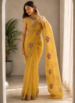 Women fandy satin floral embroidered diamond jarkan work saree 2
