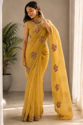 Women fandy satin floral embroidered diamond jarkan work saree