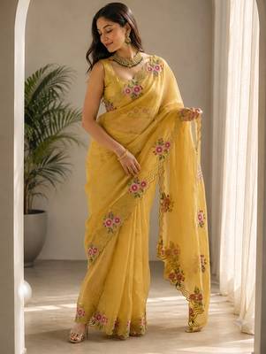 Women fandy satin floral embroidered diamond jarkan work saree 3
