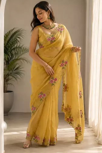 Women fandy satin floral embroidered diamond jarkan work saree