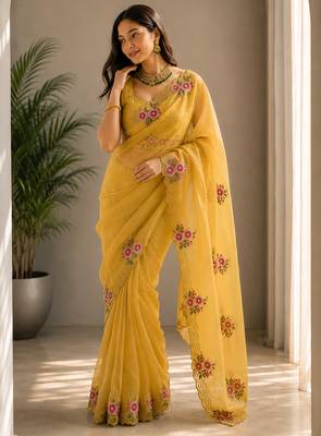 Women fandy satin floral embroidered diamond jarkan work saree 4