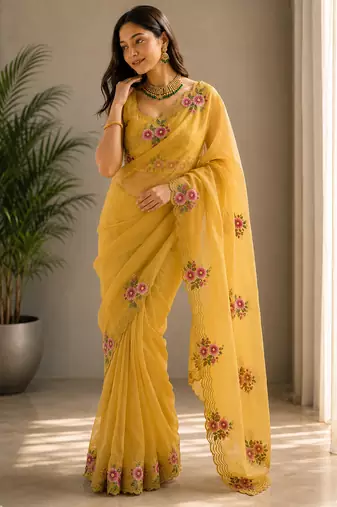 Women fandy satin floral embroidered diamond jarkan work saree
