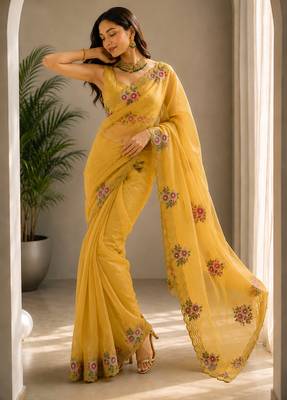 Women fandy satin floral embroidered diamond jarkan work saree 5