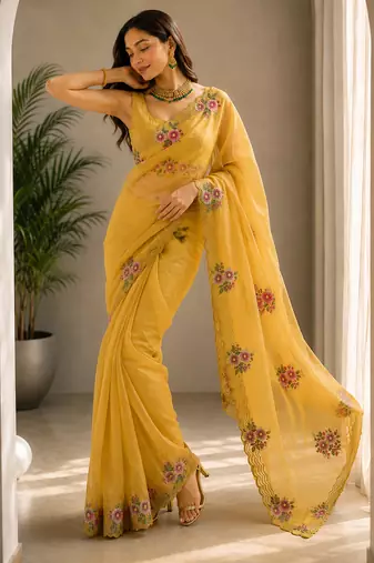 Women fandy satin floral embroidered diamond jarkan work saree