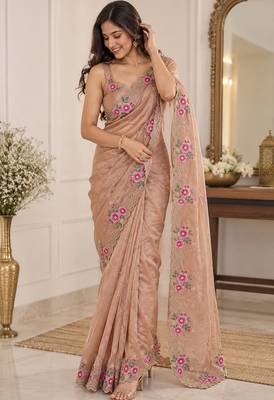 Women premium fandy satin floral diamond jarkan embroidery saree 2